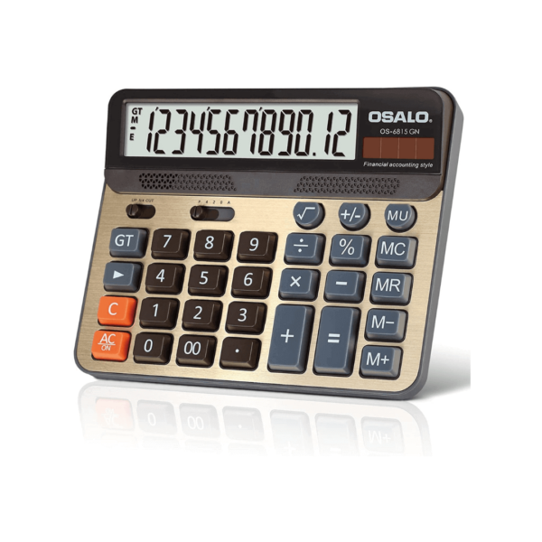 Calculatrice de bureau extra large avec écran LCD 5 pouces, calculatrice comptable à 12 chiffres avec bouton de réponse géant, alimenté par batterie et solaire, parfaite pour une utilisation quotidienne au bureau, à la maison (OS-6815GN)